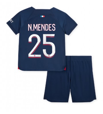 Paris Saint-Germain Nuno Mendes #25 Hjemmebanesæt Børn 2023-24 Kort ærmer (+ korte bukser)